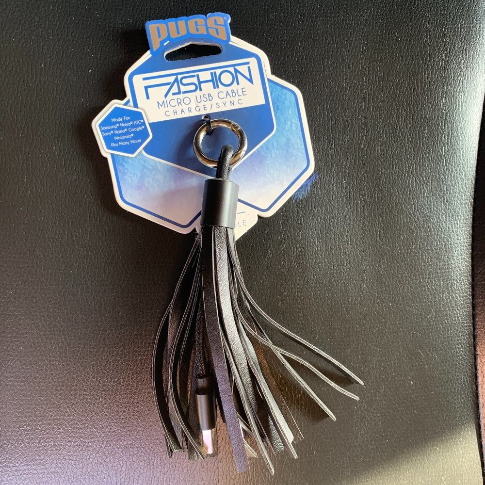 NEW PUGS black Micro USB Cable Charge & Sync Tassel clip - Samsung Sony Google